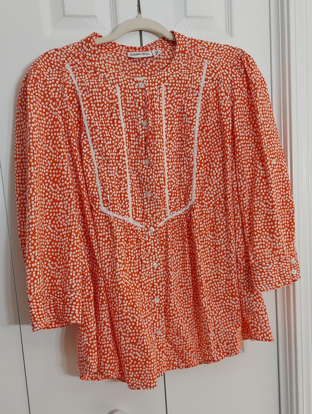 St Johns Bay Top, Size 2X, Dots, Pinafore Style, Pintucks, Buttons Orange